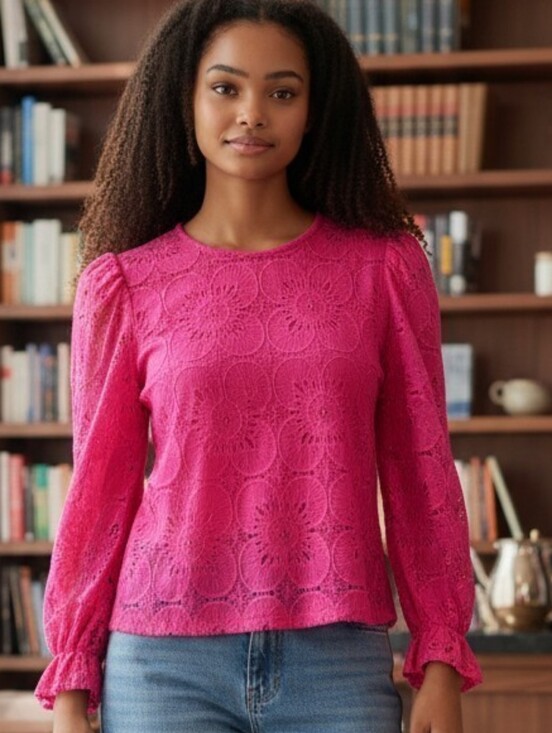 The Unbranded Brand Tops - Pink Eyelet Lace Top with Puff Sleeves